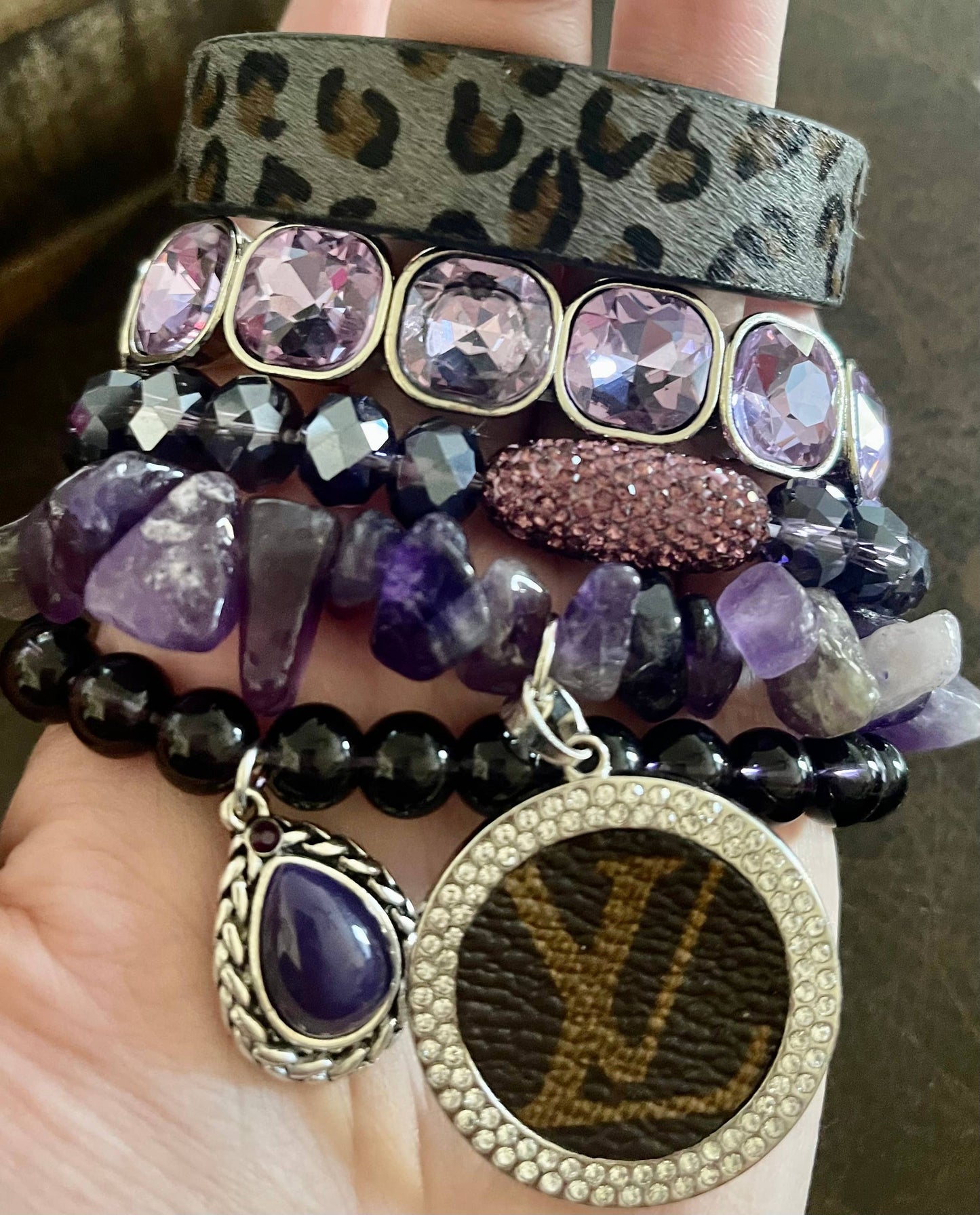 Purple Leopard LV Upcycled Charm Stack Bracelet