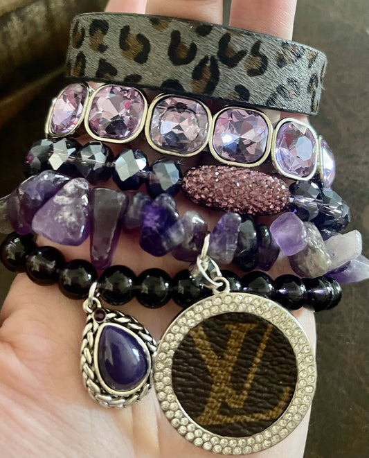 Purple Leopard LV Upcycled Charm Stack Bracelet