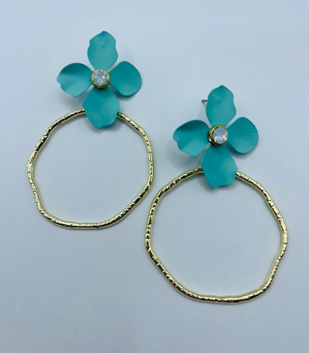 Turquoise Flower Hoops With Bling By Taylor Shaye