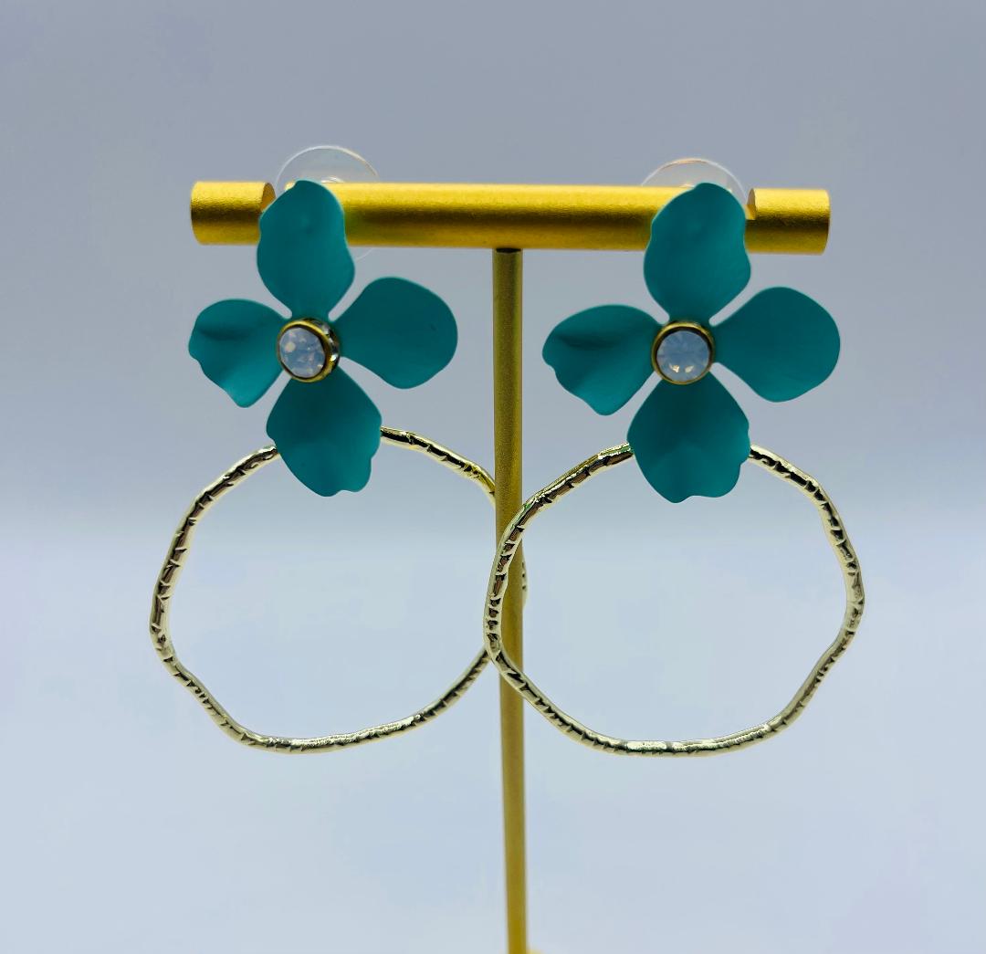 Turquoise Flower Hoops With Bling By Taylor Shaye