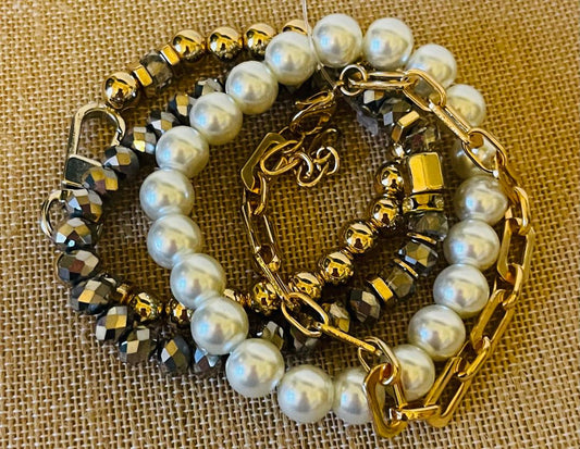 Crystal & Pearl Bracelet Set